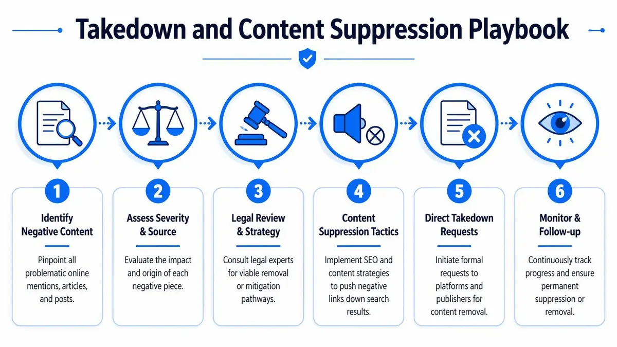 A flowchart showing six steps for a takedown and content suppression playbook for online reputation management.