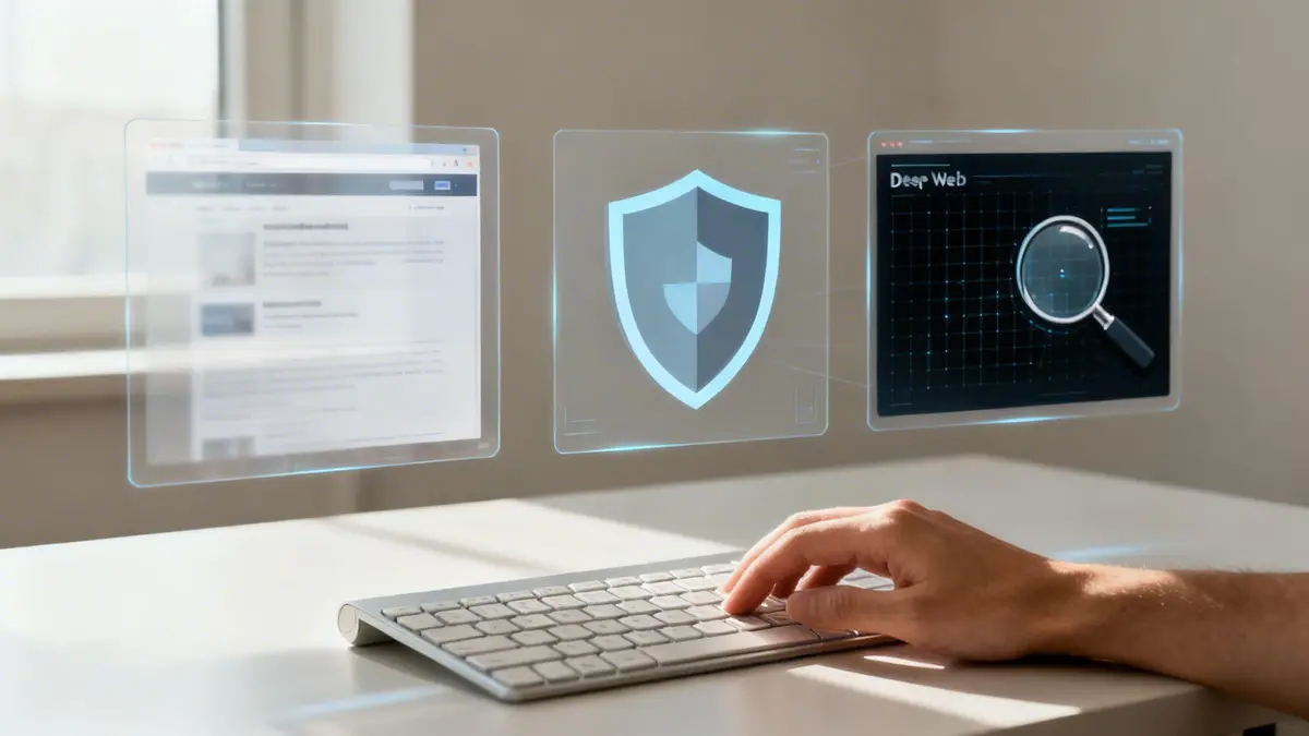 A person types on a keyboard with holographic screens displaying a web browser, security shield, and deep web search.
