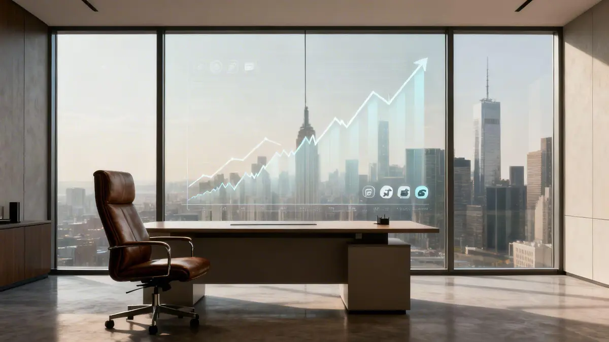 Spacious executive office with a stunning city skyline view and a glowing financial growth chart.