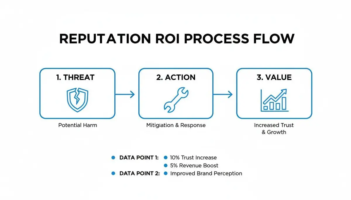 Reputation ROI process flow diagram showing threat, action, and value stages with key data points.
