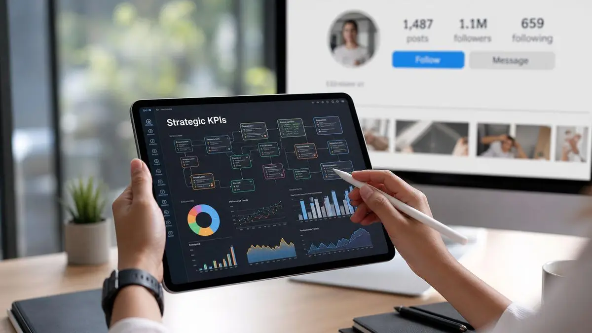 A professional working on a tablet displaying strategic KPIs with a social media profile on the background monitor.