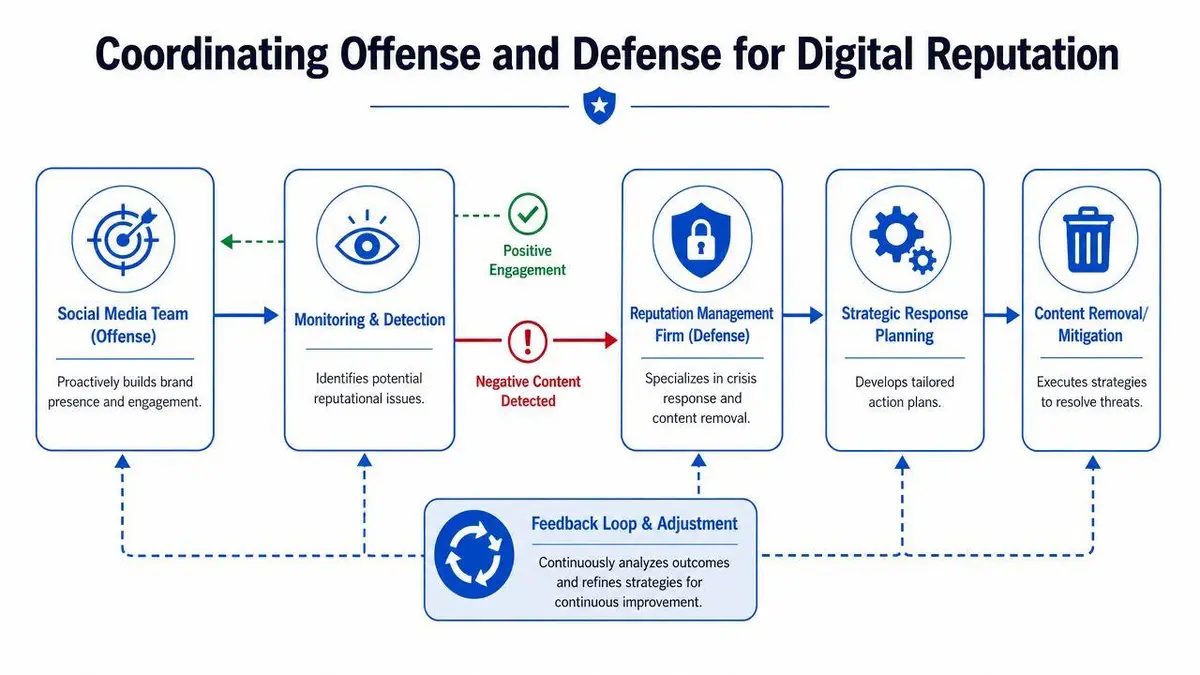 A flowchart diagram illustrating the coordinated strategies of offense and defense for maintaining digital brand reputation.