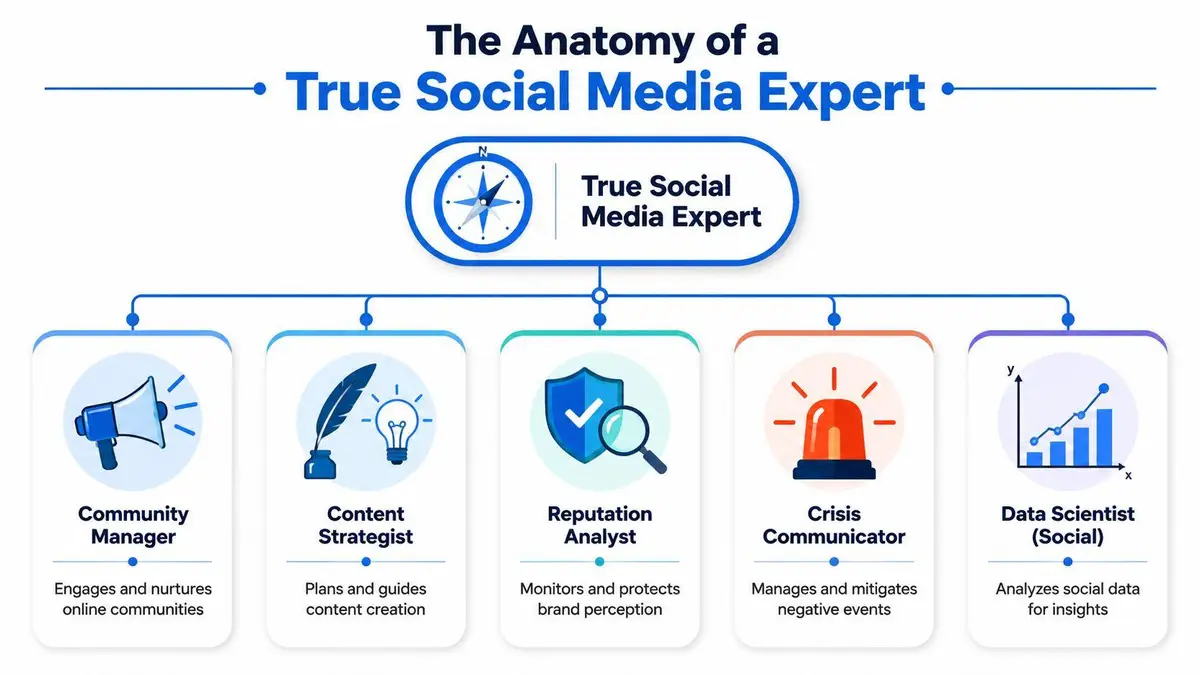 A diagram illustrating the five key professional roles that constitute a true social media expert.