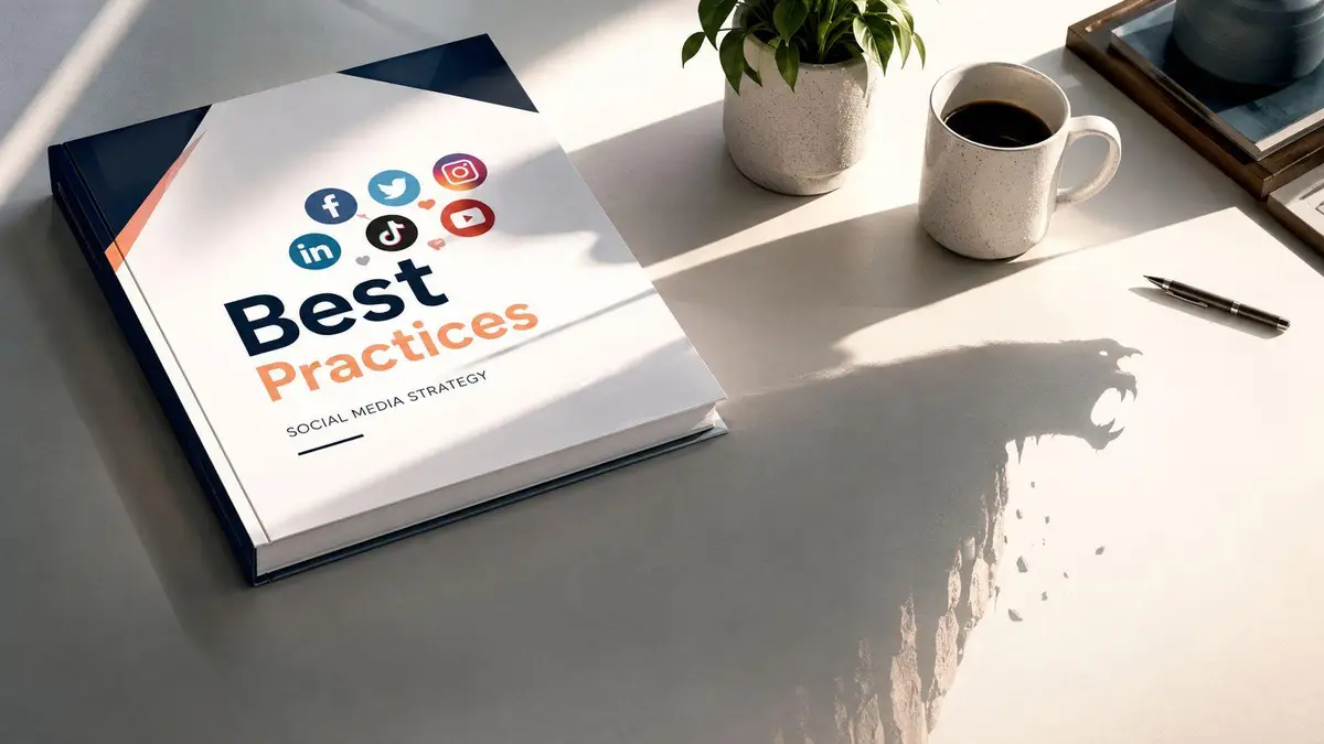 A social media strategy book on a desk with a dramatic shadow shaped like a roaring beast.