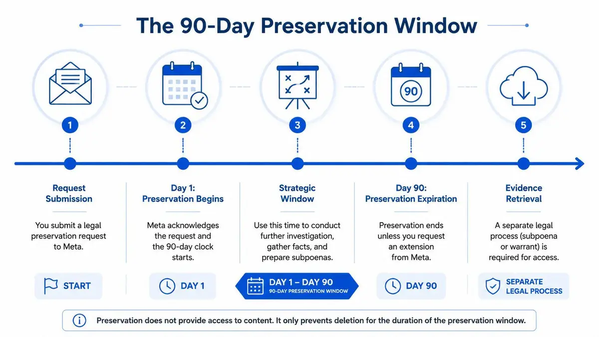 A flowchart explaining Meta's 90-day legal data preservation request process from submission to evidence retrieval.