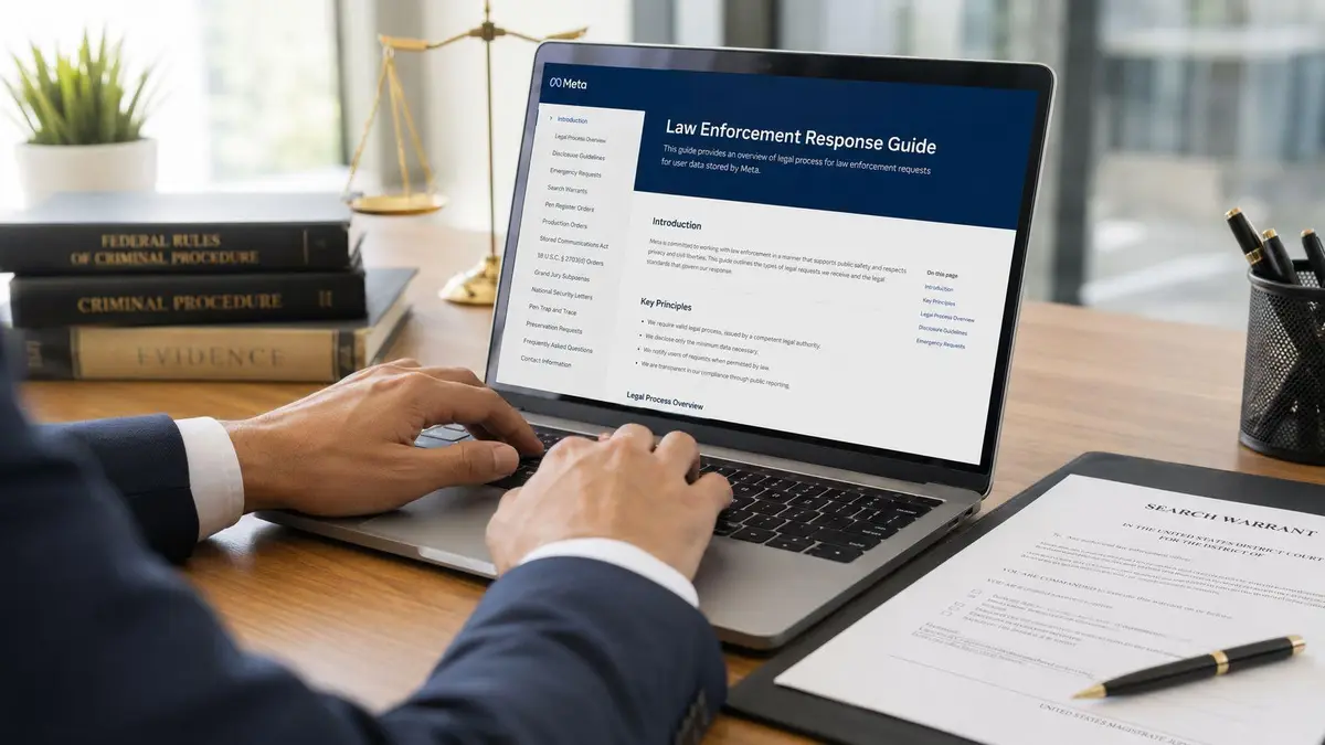 A professional in a suit reviews Meta's Law Enforcement Response Guide on a laptop near a search warrant.