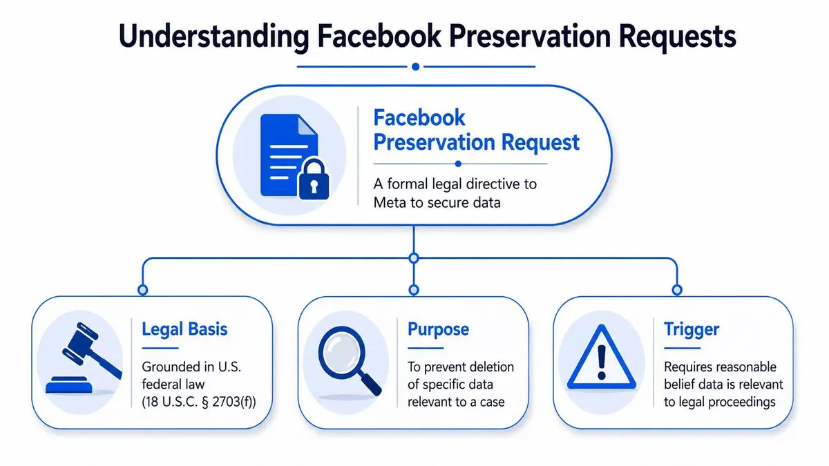 An infographic titled Understanding Facebook Preservation Requests detailing the legal basis, purpose, and triggers for data preservation.