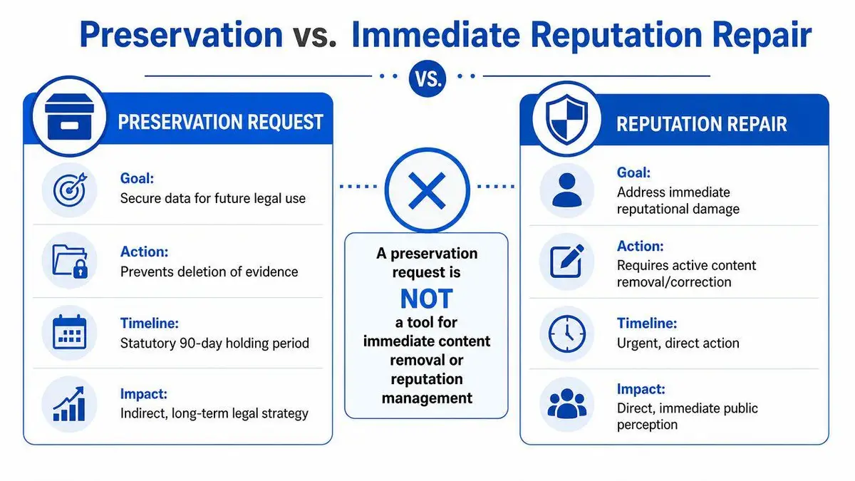 A comparison chart explaining the differences between a legal preservation request and immediate online reputation repair services.