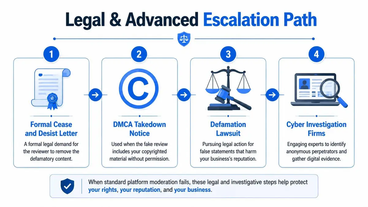 An infographic illustrating a legal and advanced escalation path for managing fake online business reviews.