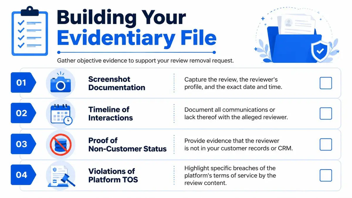 A four-step infographic guide on gathering evidence to successfully request the removal of fake bad reviews.