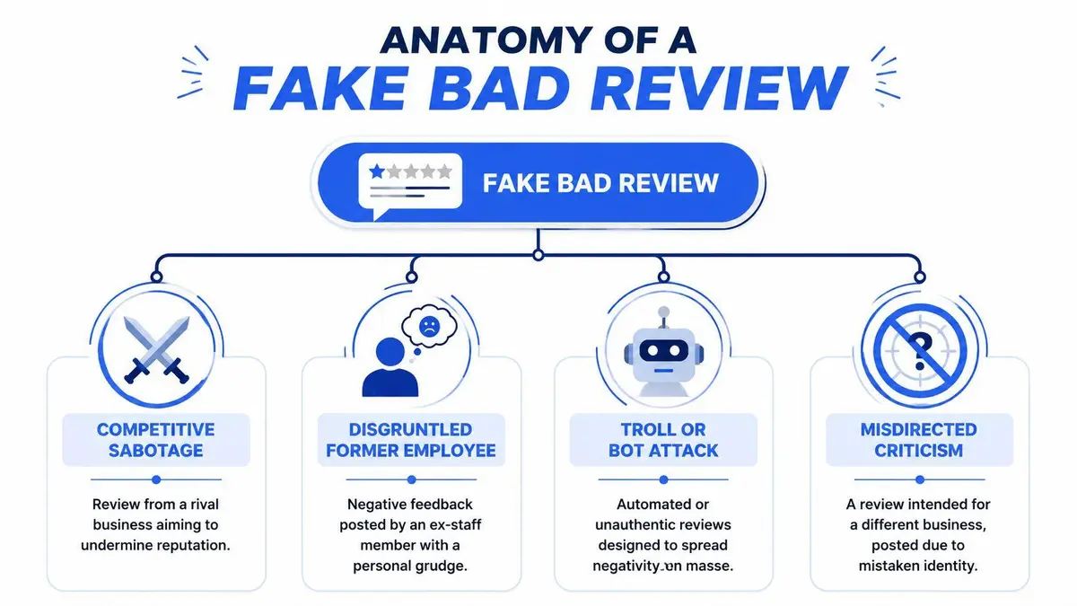An infographic titled Anatomy of a Fake Bad Review showing four types of illegitimate online reviews.