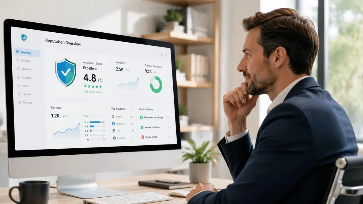 A professional man in a business suit reviewing an online reputation management dashboard on his computer screen.