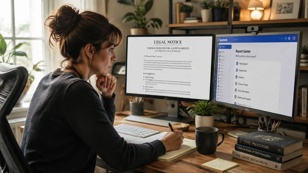 A woman working at a desk with dual monitors displaying a legal notice and Facebook report center.