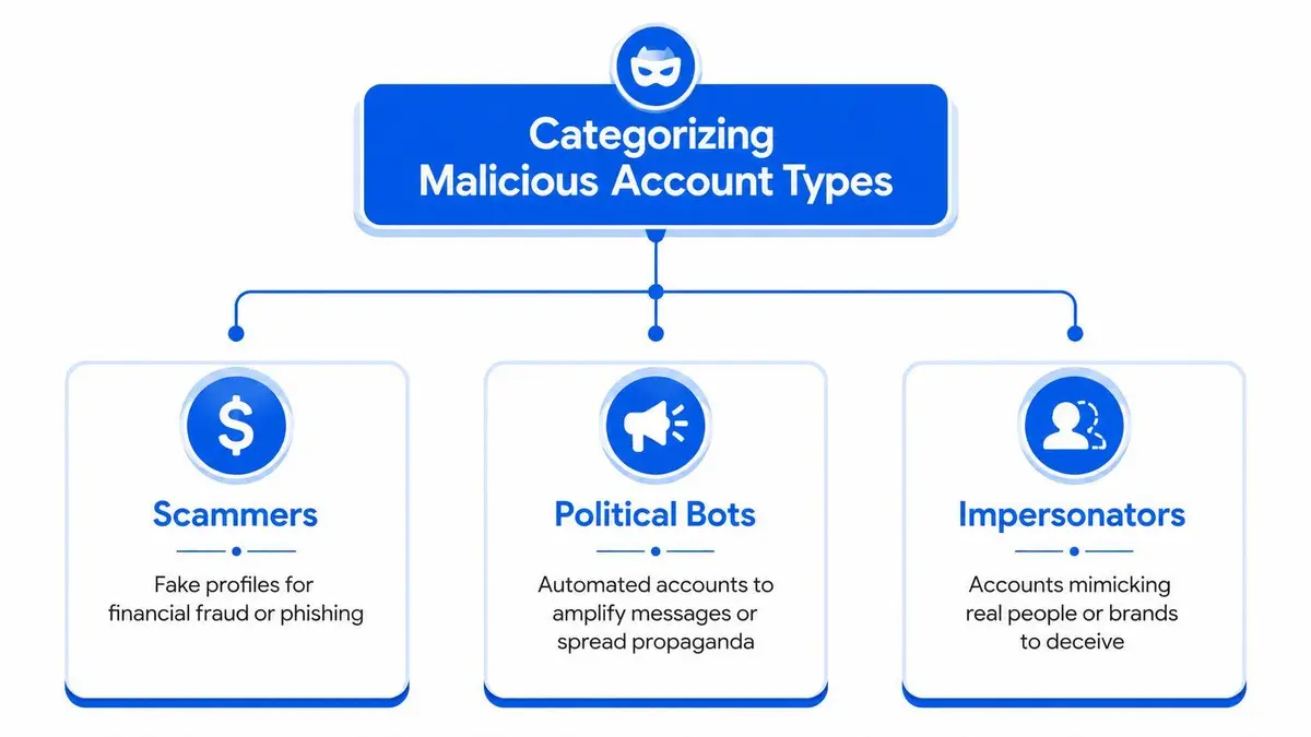 An infographic titled Categorizing Malicious Account Types explaining scammers, political bots, and impersonators on social media platforms.