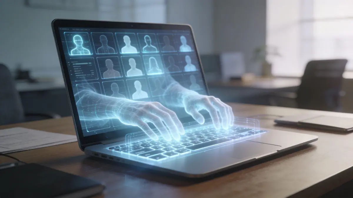 A holographic projection of hands typing on a laptop screen displaying a grid of user profile avatars.