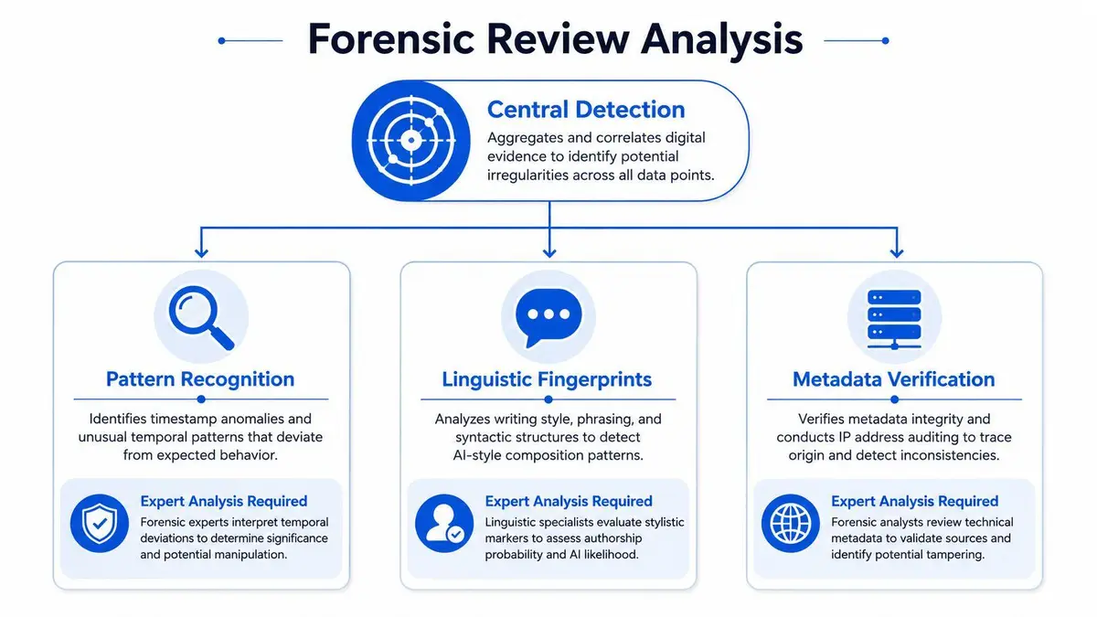 A diagram illustrating the forensic review analysis process involving central detection, pattern recognition, linguistic fingerprints, and metadata verification.