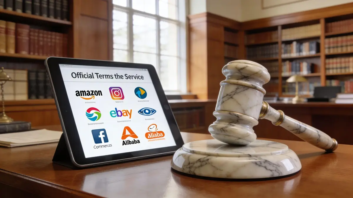 A tablet displaying corporate logos next to a marble gavel in a professional legal library setting.
