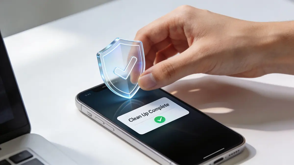 A hand touching a digital shield icon above a smartphone screen showing a Clean Up Complete message.