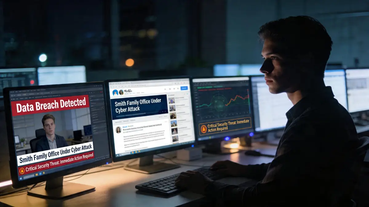 A cybersecurity professional monitoring computer screens displaying urgent data breach alerts and cyber attack warnings.