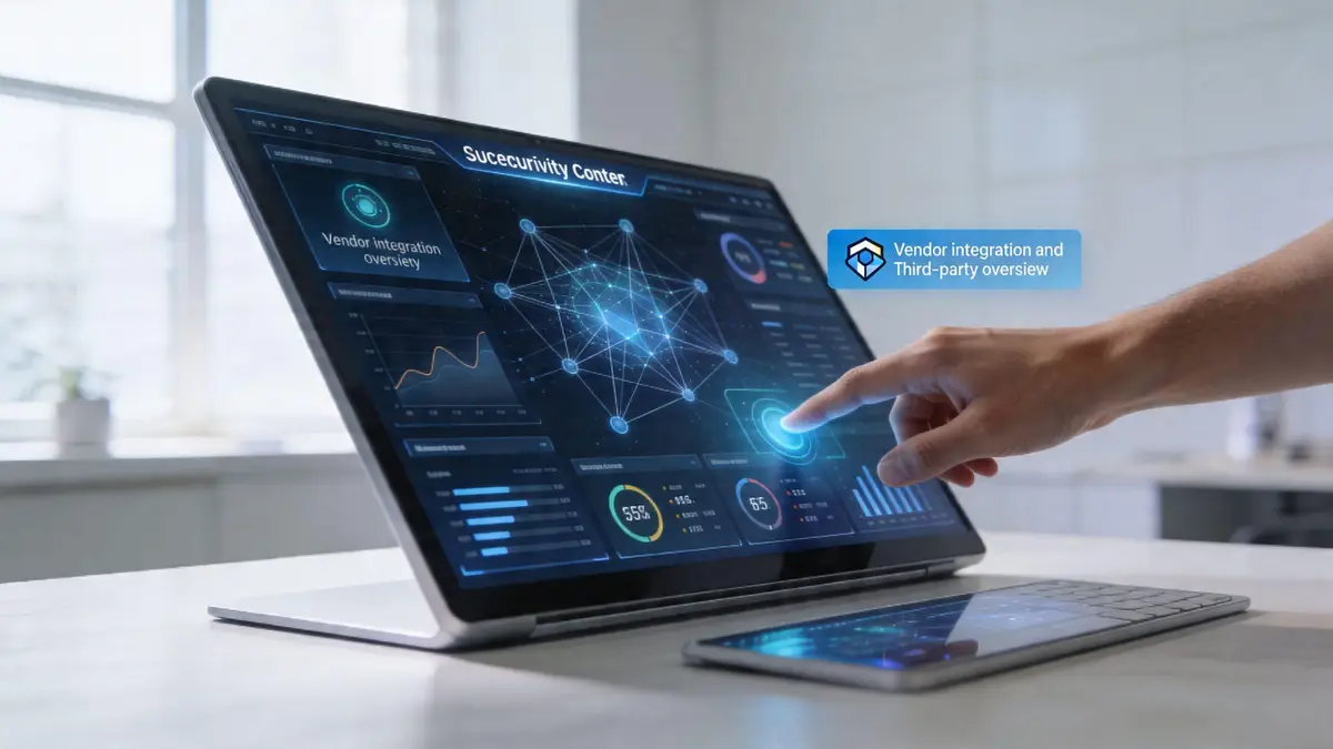 A professional using a futuristic touchscreen device to manage vendor integration and third-party cybersecurity data analytics.