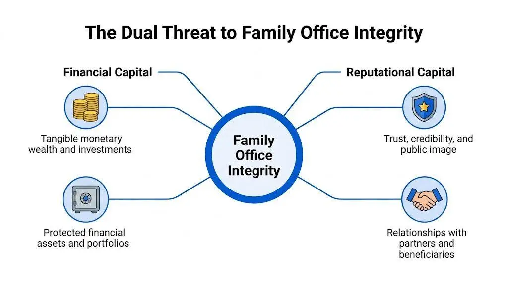 A diagram illustrating how financial and reputational capital threats impact overall family office integrity and security.