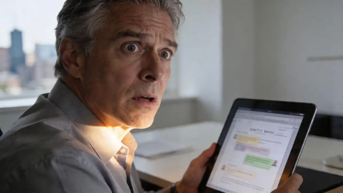 A concerned mature businessman looking shocked while holding a tablet displaying sensitive professional documents in an office.