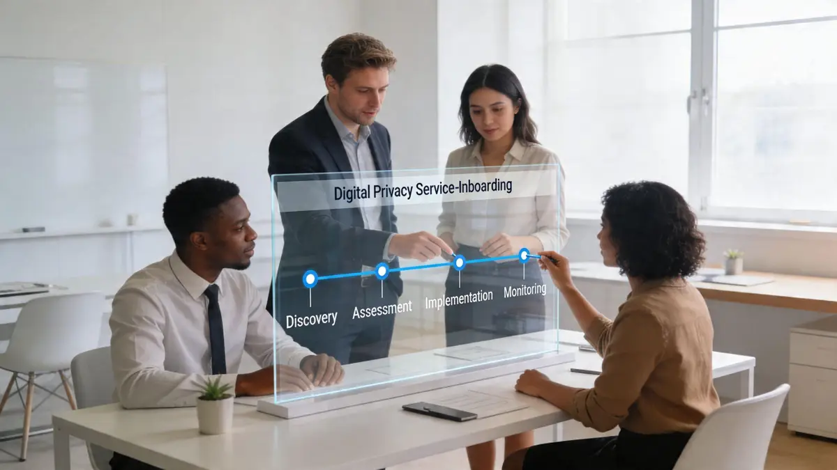 A diverse business team discusses a digital privacy service onboarding process on a transparent holographic glass display.