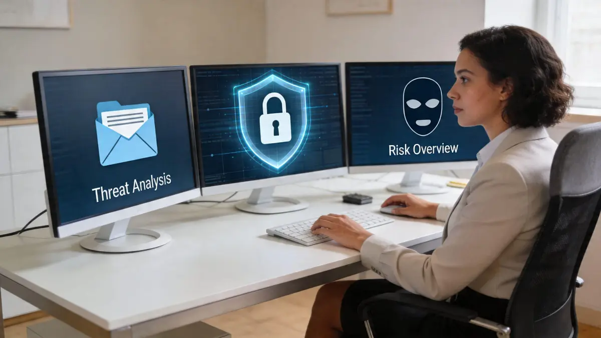 A professional working on three computer monitors displaying digital security analytics and risk overview icons.