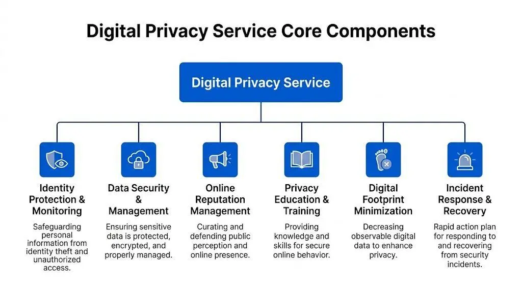 A chart showing core components of a digital privacy service including identity protection and reputation management.