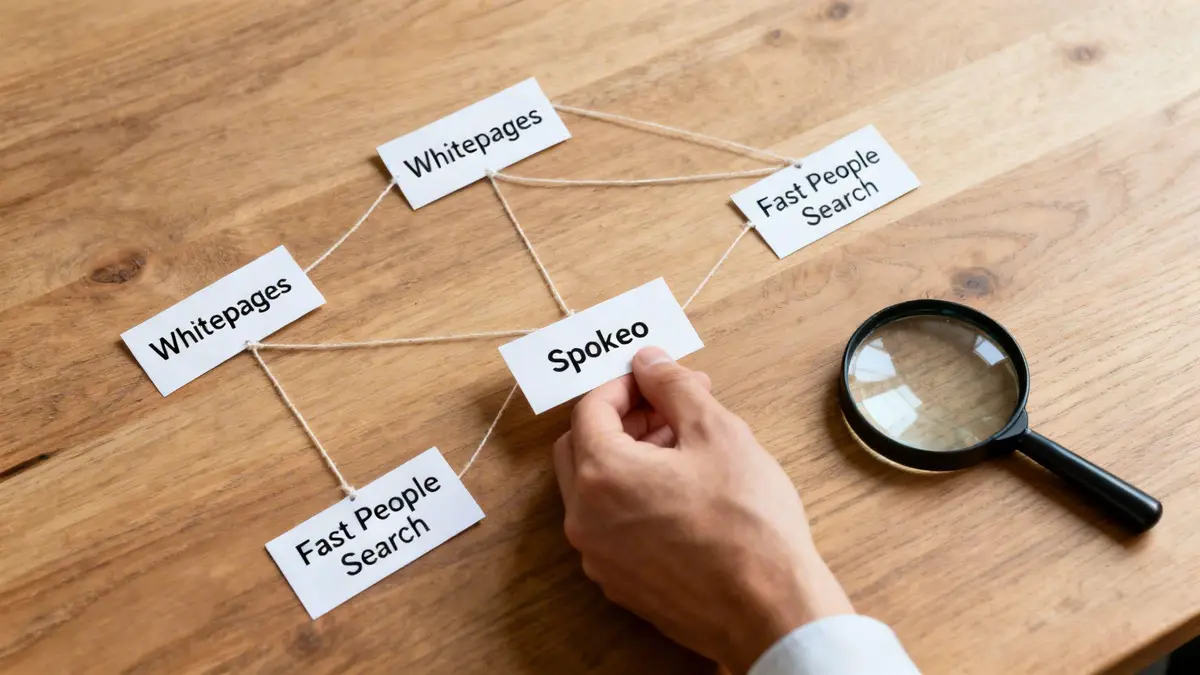 Hand holding a Spokeo card connected to Whitepages and Fast People Search with string on a wooden table, next to a magnifying glass.