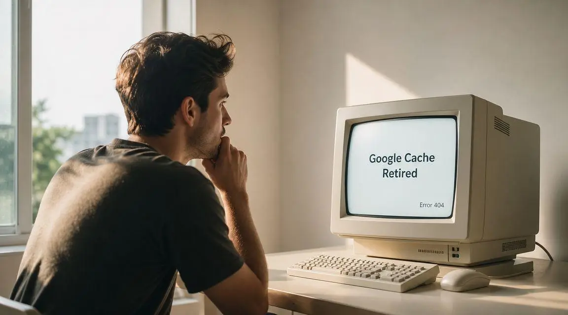 A man sitting at a desk looking at an old monitor displaying a Google Cache Retired 404 error.