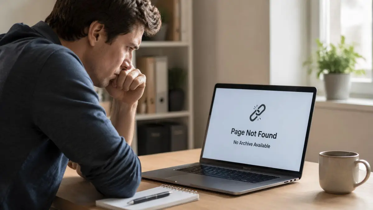 A frustrated man looking at a laptop screen displaying a Page Not Found error message.