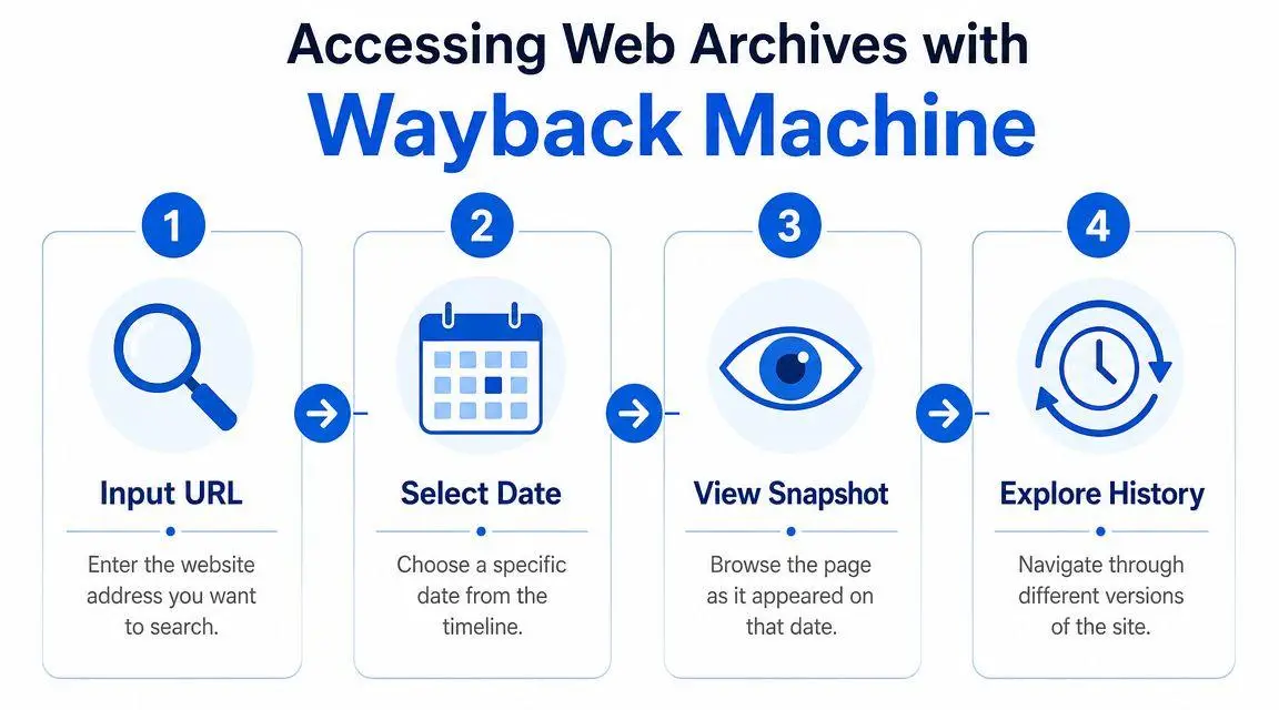 An infographic showing the four-step process for using the Wayback Machine to access historical website archives.