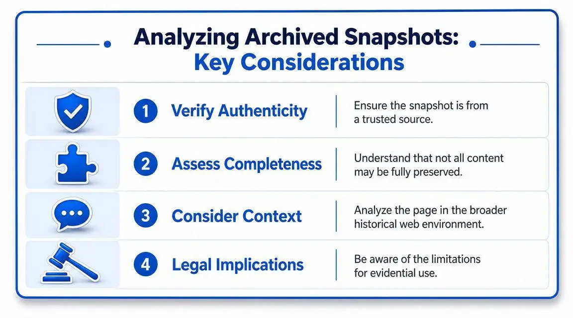 An infographic titled Analyzing Archived Snapshots highlighting four key considerations for evaluating web archives.