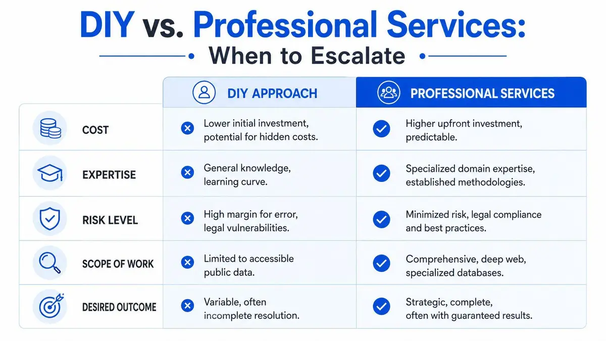 A comparison chart outlining the differences between DIY approaches and hiring professional services for complex tasks.
