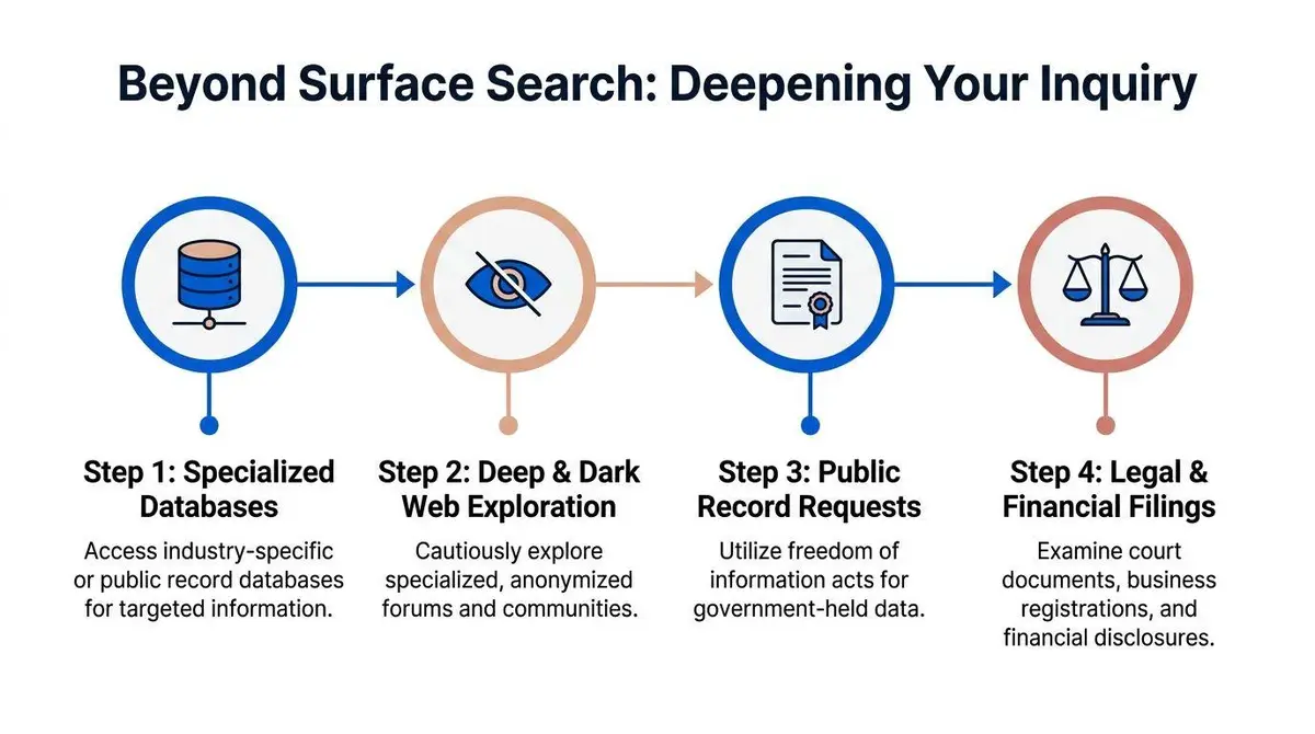 A flowchart showing four progressive steps for conducting advanced online research and finding detailed information.