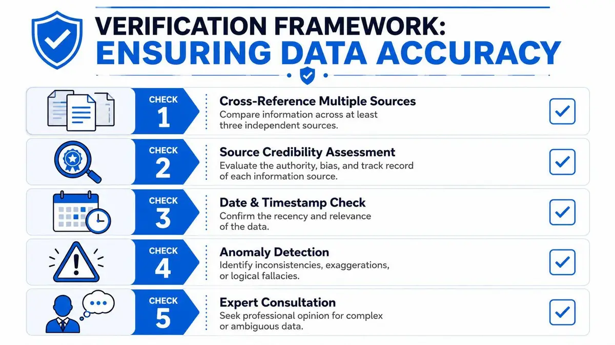A five-step verification framework infographic titled Ensuring Data Accuracy for checking information and verifying data sources.