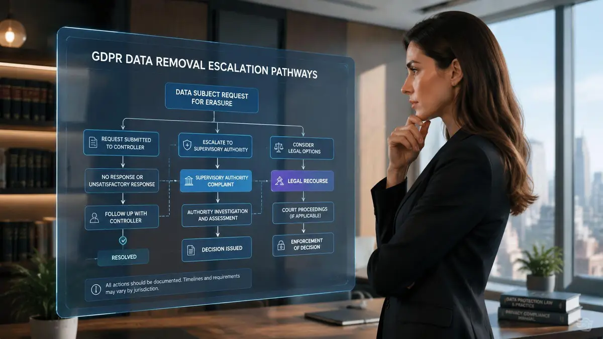 A professional woman viewing a holographic digital flowchart detailing GDPR data removal escalation pathways in an office.
