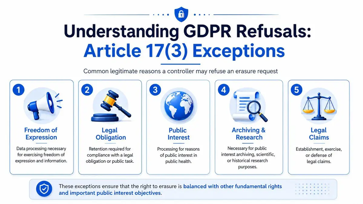 An infographic showing five legitimate exceptions under GDPR Article 17(3) for refusing a data erasure request.