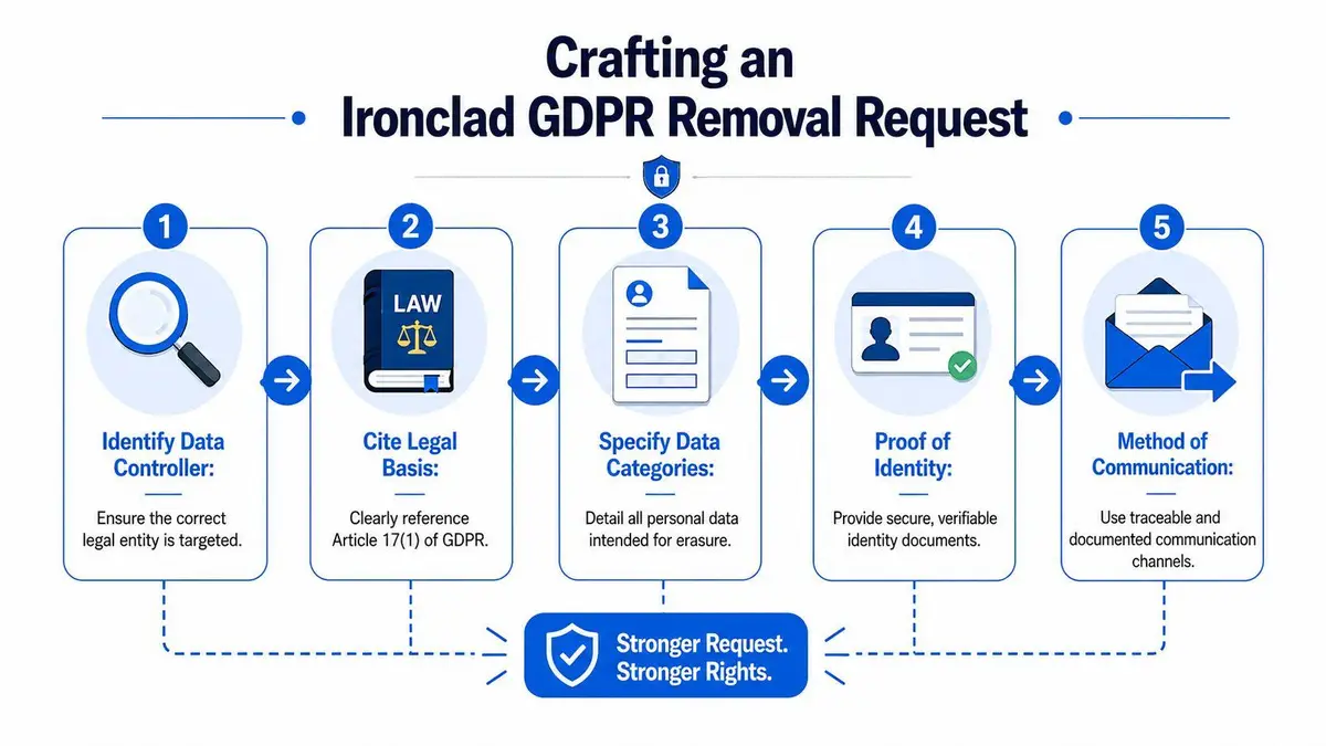 A five-step infographic showing the process for crafting an official and valid GDPR data removal request.