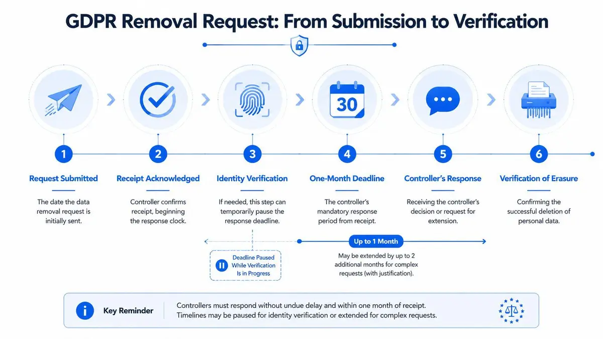 An infographic showing the six-step process for a GDPR data removal request from submission to final erasure.