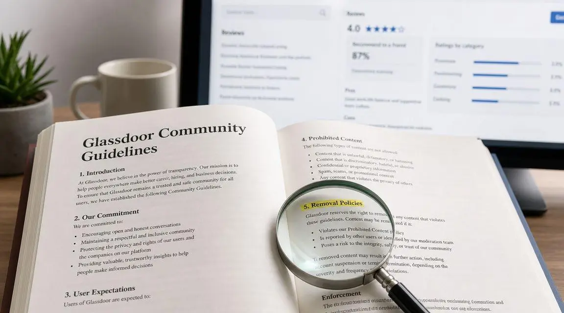 A magnifying glass resting on an open book showing Glassdoor Community Guidelines and Removal Policies.