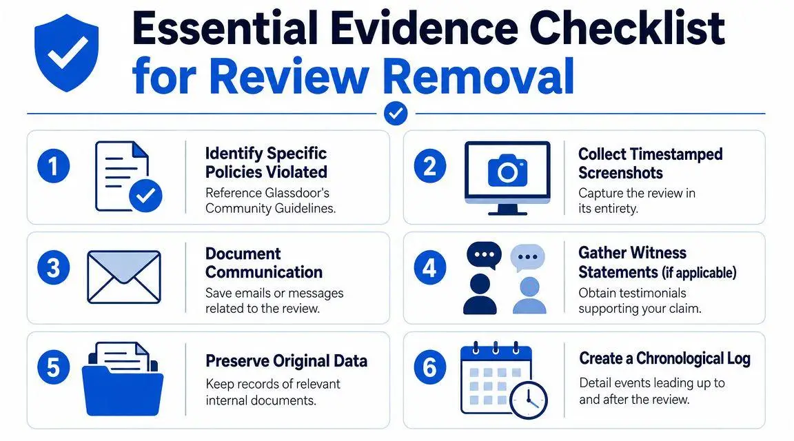 A checklist infographic titled Essential Evidence Checklist for Review Removal listing six steps for reporting content.