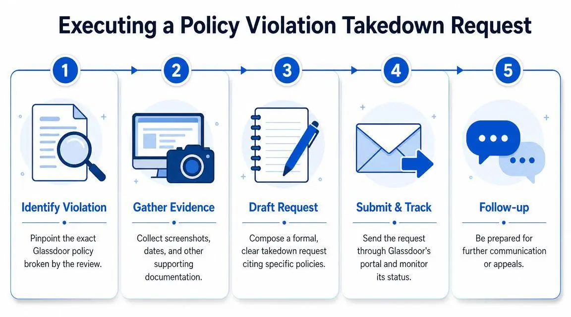 A five-step infographic showing the process for executing a Glassdoor policy violation takedown request.
