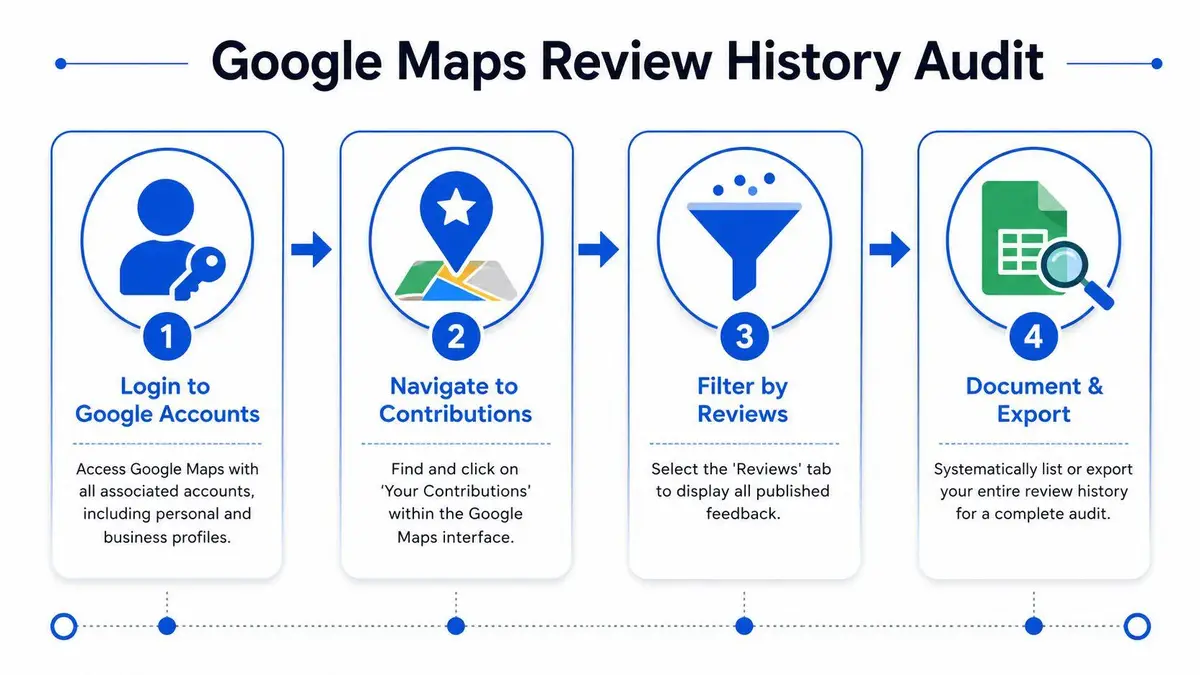 A four-step infographic illustrating how to perform a Google Maps review history audit for business accounts.
