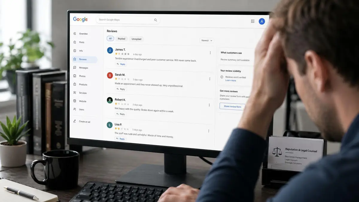 A man looking stressed while reviewing negative customer feedback on a Google Maps business dashboard.