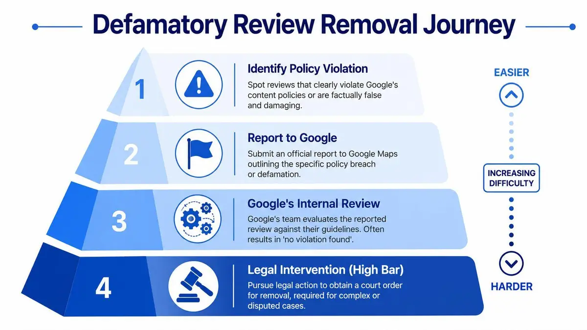 A four-step pyramid chart illustrating the process and increasing difficulty of removing defamatory Google reviews.