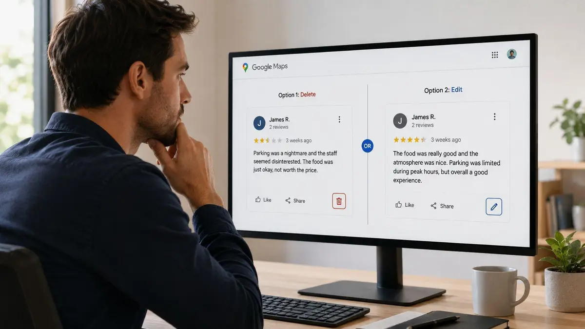 A man looks at a computer monitor showing a Google Maps interface for managing customer reviews.