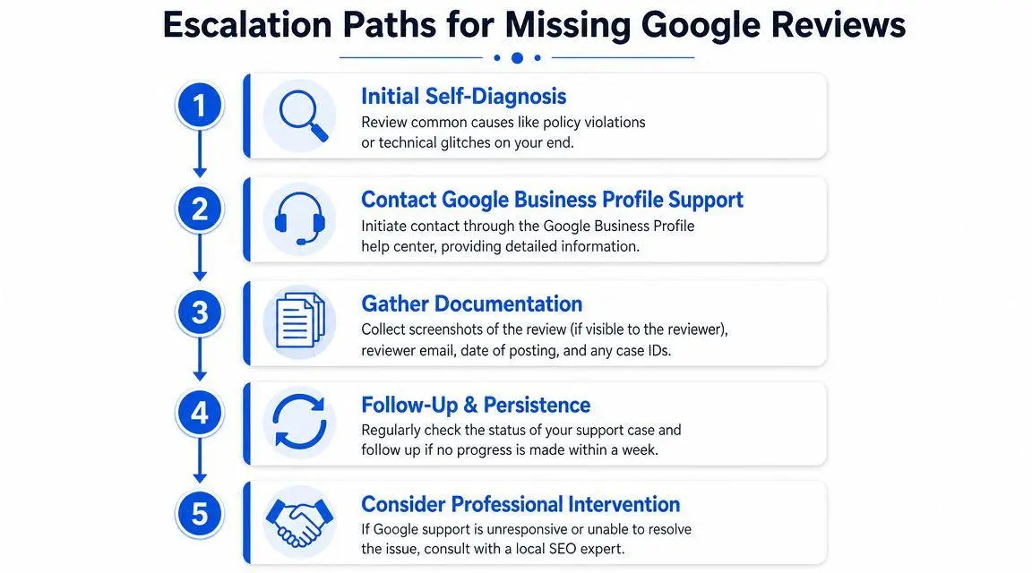 A flowchart showing five steps for resolving and escalating missing Google reviews for businesses.