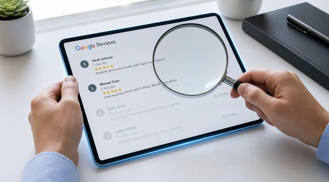 A person using a magnifying glass to examine pending Google customer reviews on a digital tablet screen.